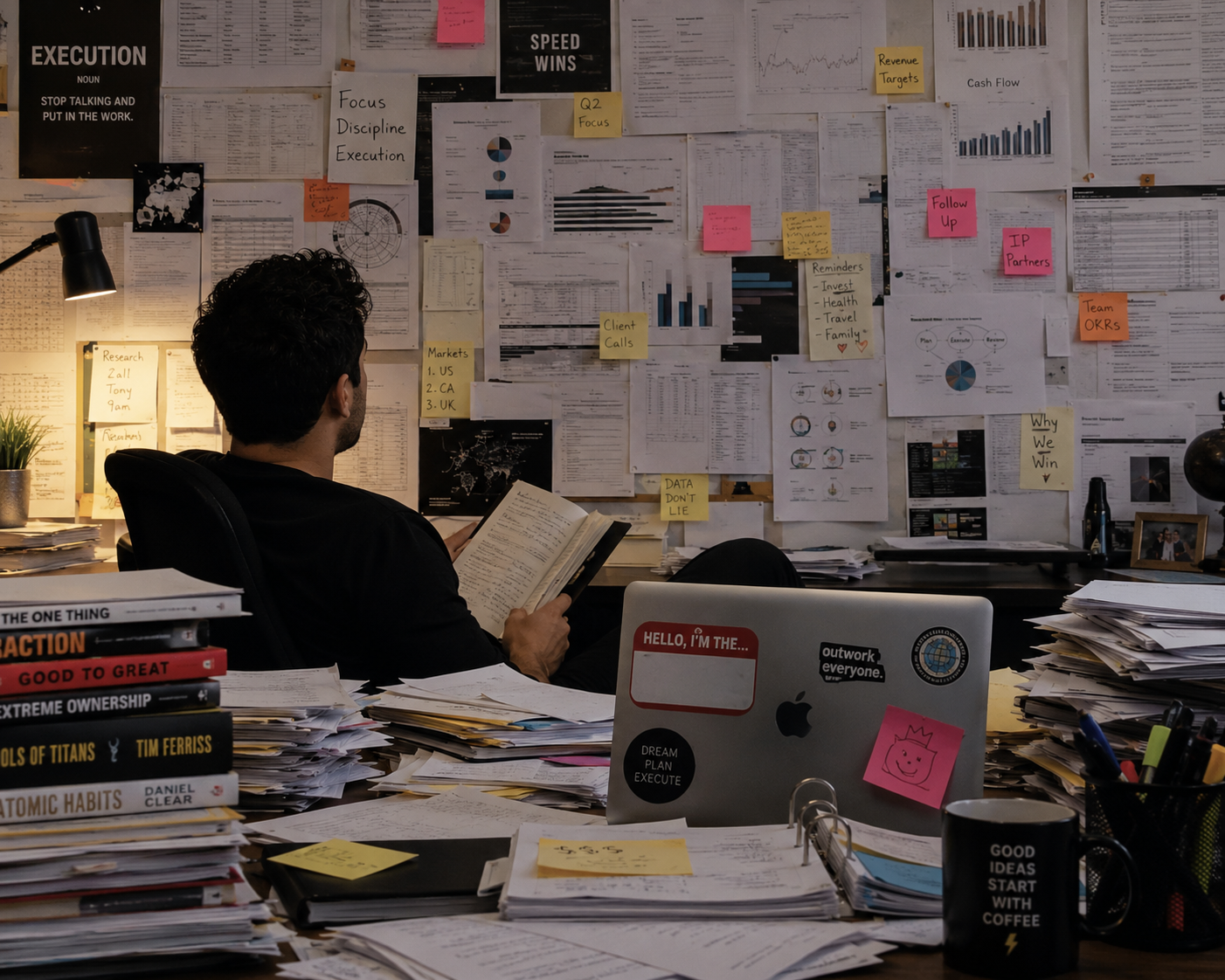 Focused business operator reviewing strategy and execution plans in a workspace built for decisions that matter.