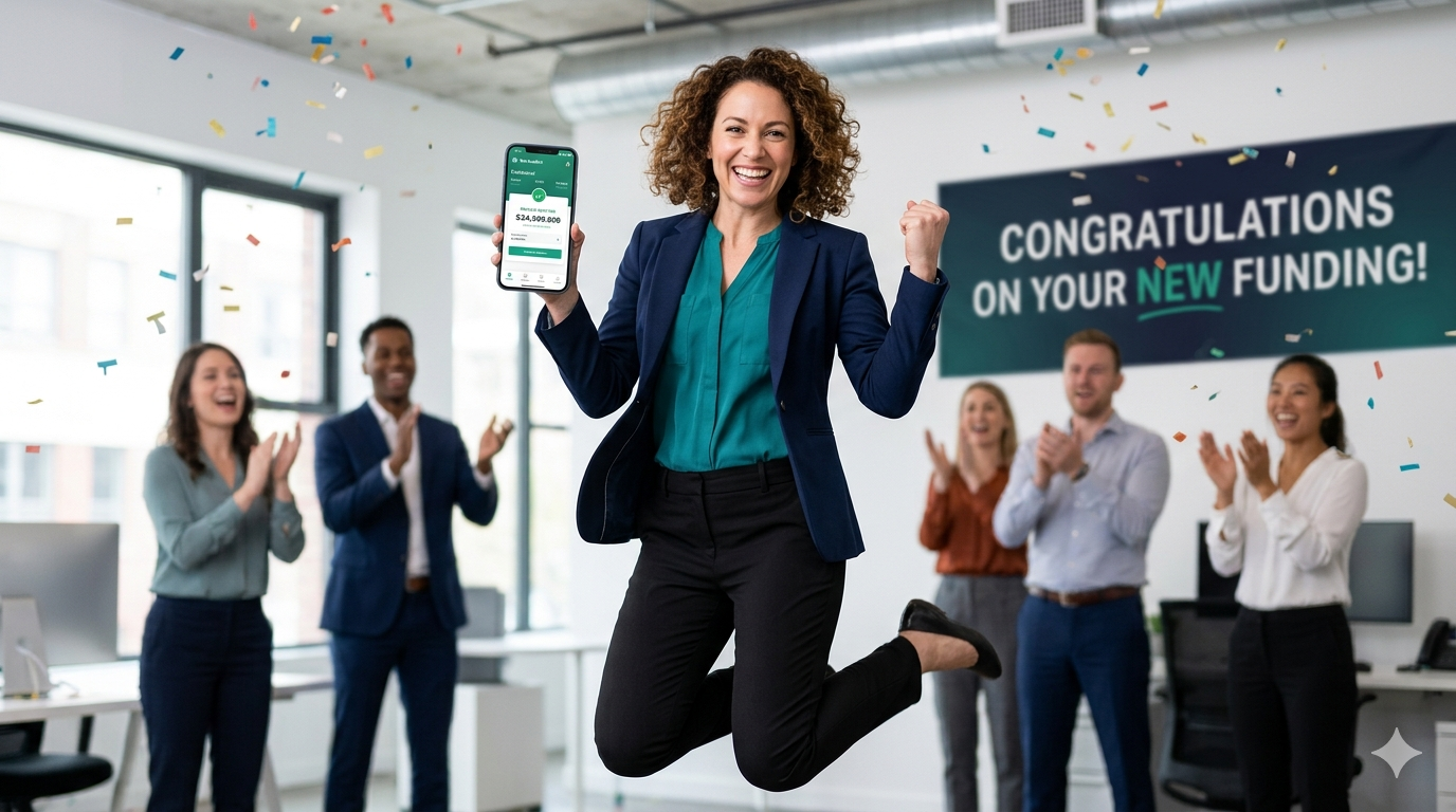 Business owner celebrating a Werkwallet funding approval with a team applauding in a modern office