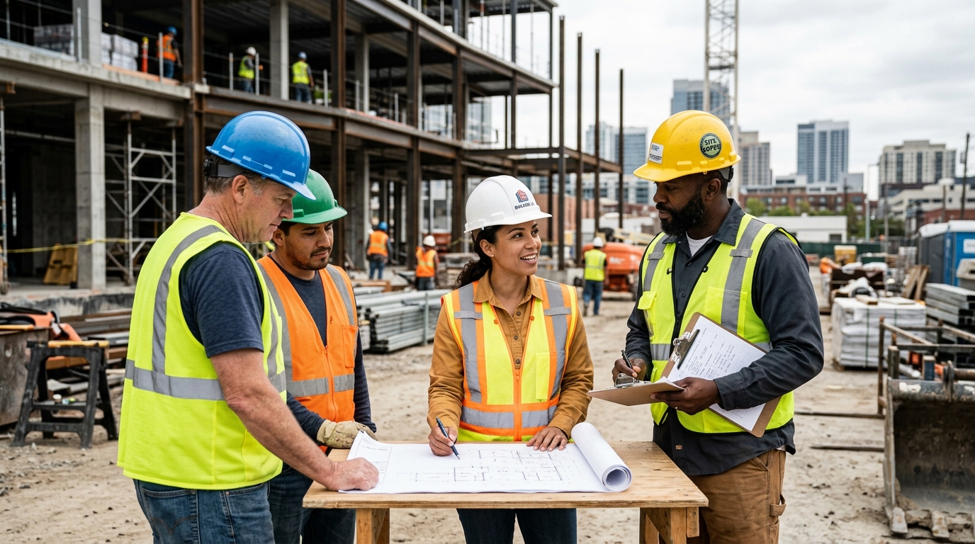 Construction crew reviewing plans on a commercial job site