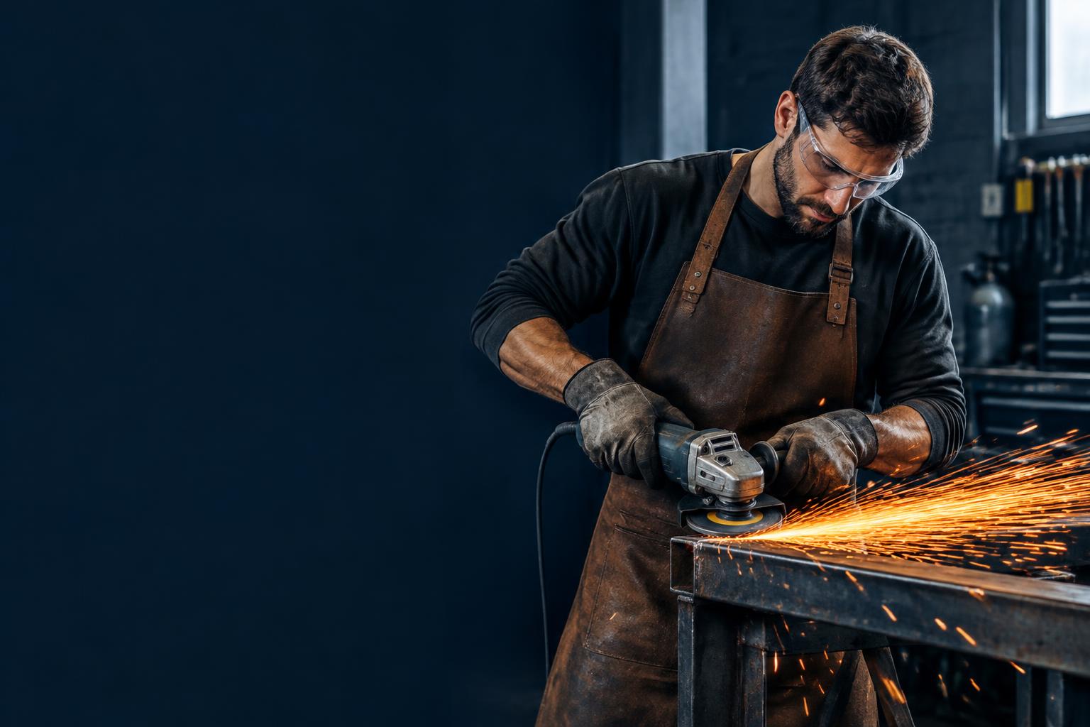 A business owner shaping metal with an angle grinder in his workshop